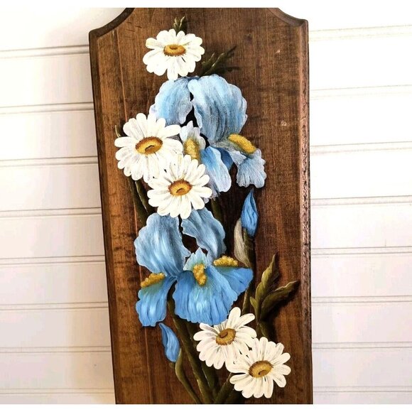 Vintage Floral Wall Plaque, Hand Painted Irises and Daisies, Solid Maple, EUC - Picture 2 of 10